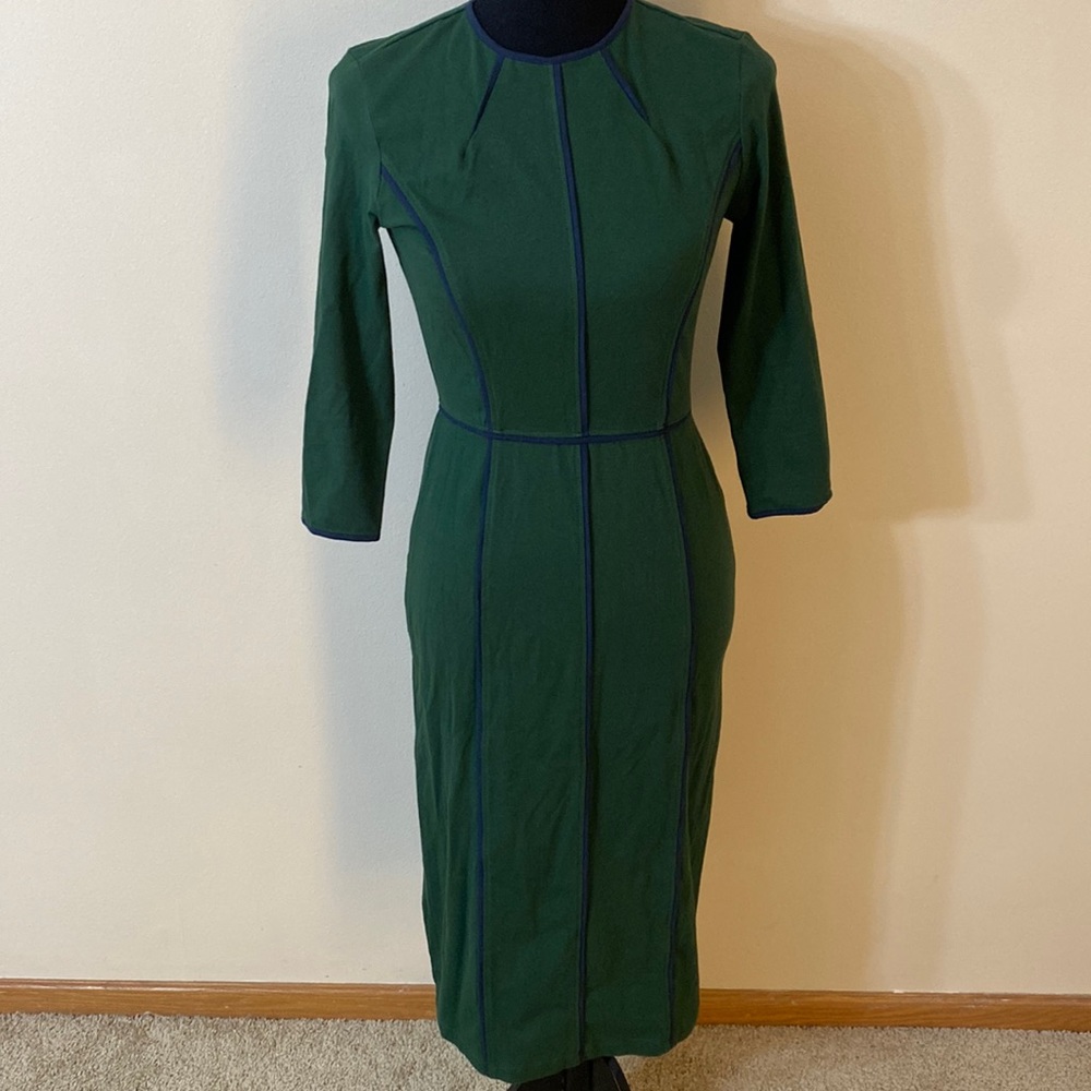 Zapelle Green Stretch Knit 3/4 Sleeve High Neck Modest Pencil Sheath Dress